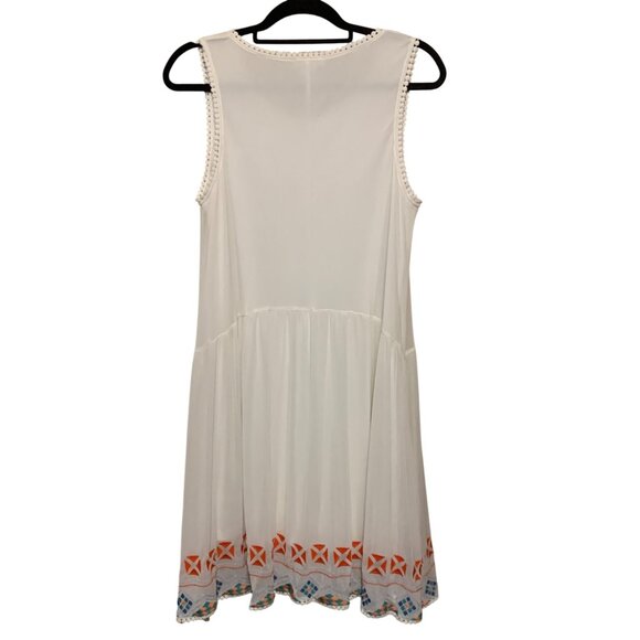 Esley White Sleeveless Dress Embroidered Hem Pom-Pom Trim Sz L Fairy Cottagecore - Picture 8 of 11